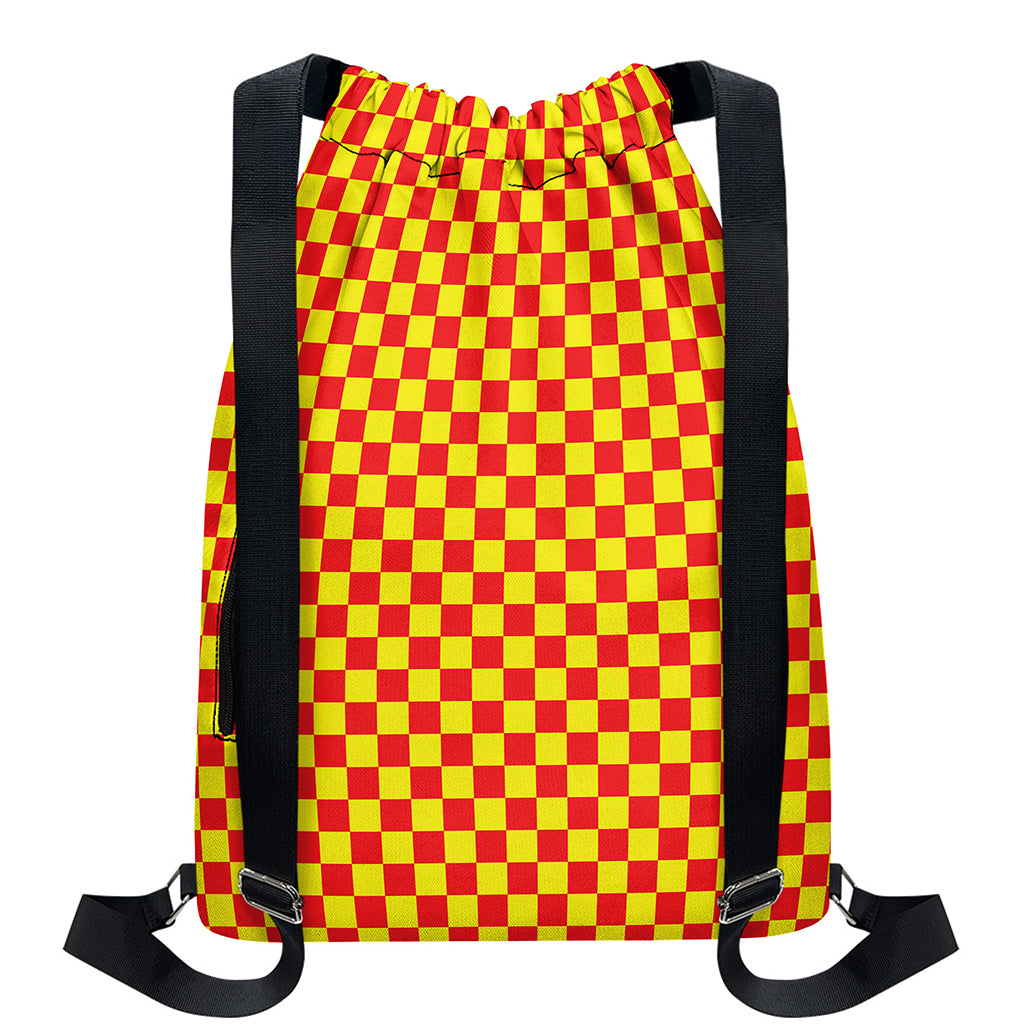 Red And Yellow Checkered Pattern Print Drawstring Backpack