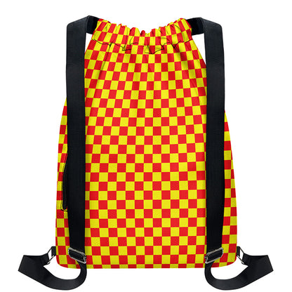 Red And Yellow Checkered Pattern Print Drawstring Backpack