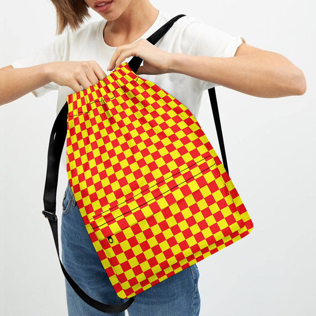 Red And Yellow Checkered Pattern Print Drawstring Backpack