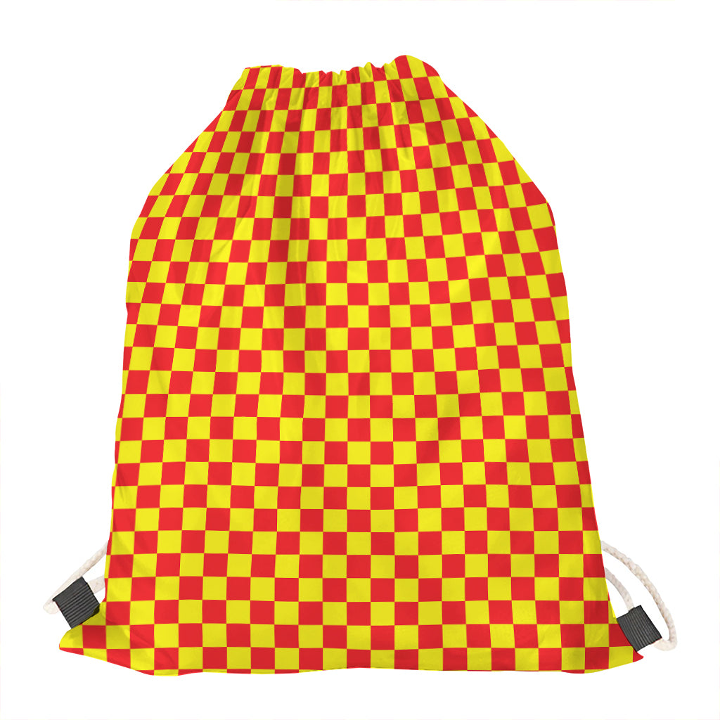 Red And Yellow Checkered Pattern Print Drawstring Bag