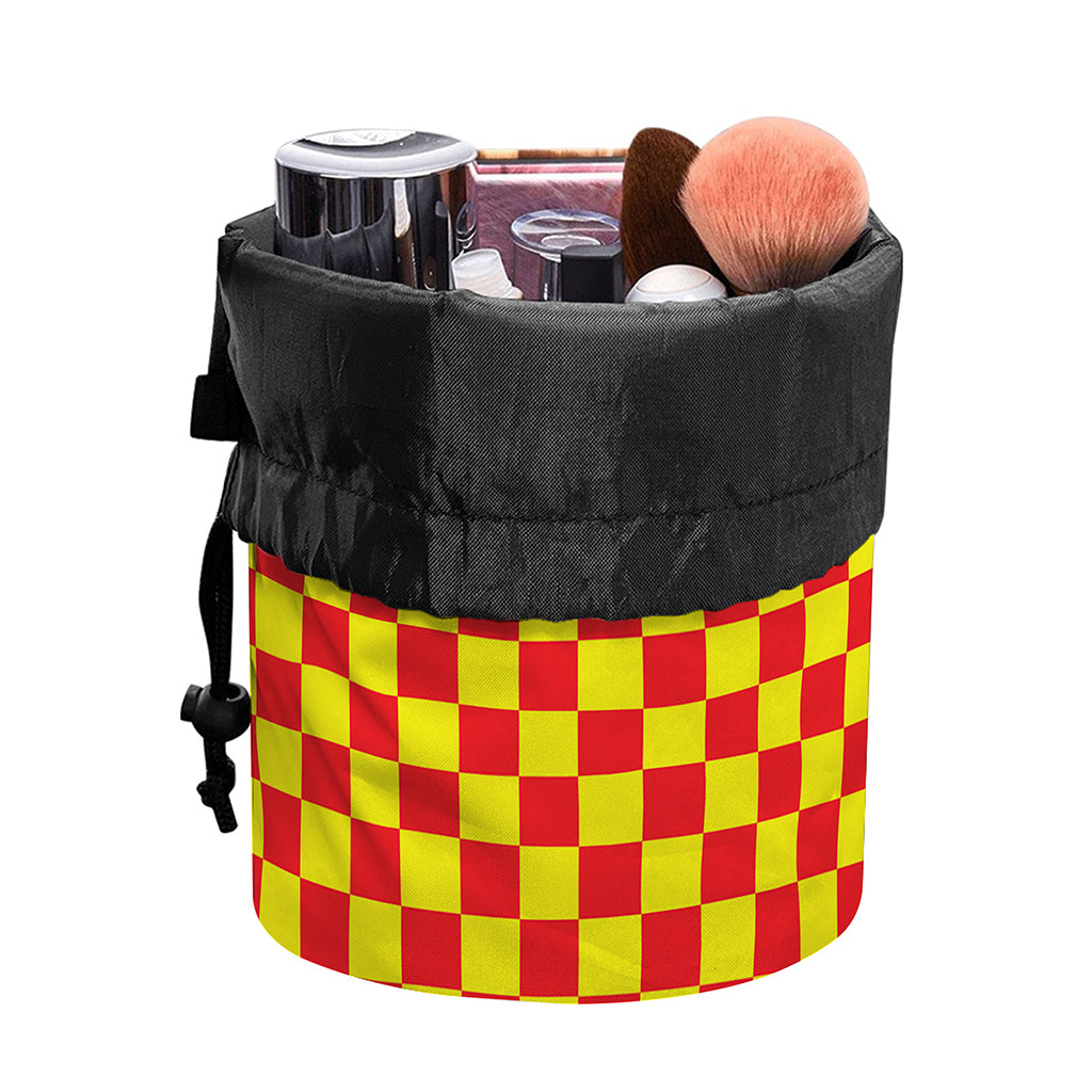Red And Yellow Checkered Pattern Print Drawstring Makeup Bag