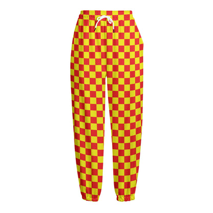 Red And Yellow Checkered Pattern Print Fleece Lined Knit Pants
