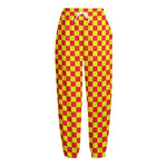 Red And Yellow Checkered Pattern Print Fleece Lined Knit Pants