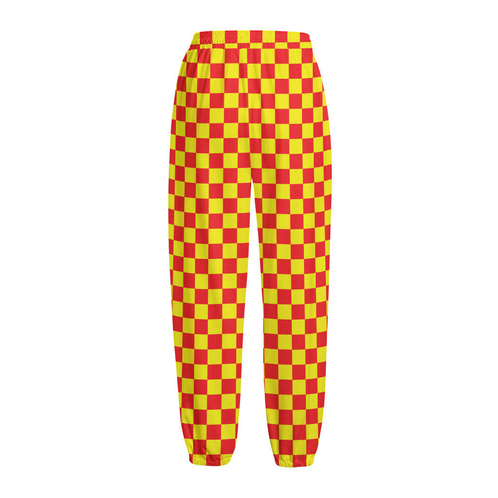 Red And Yellow Checkered Pattern Print Fleece Lined Knit Pants