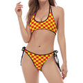 Red And Yellow Checkered Pattern Print Halter Scoop Tie Side Bikini