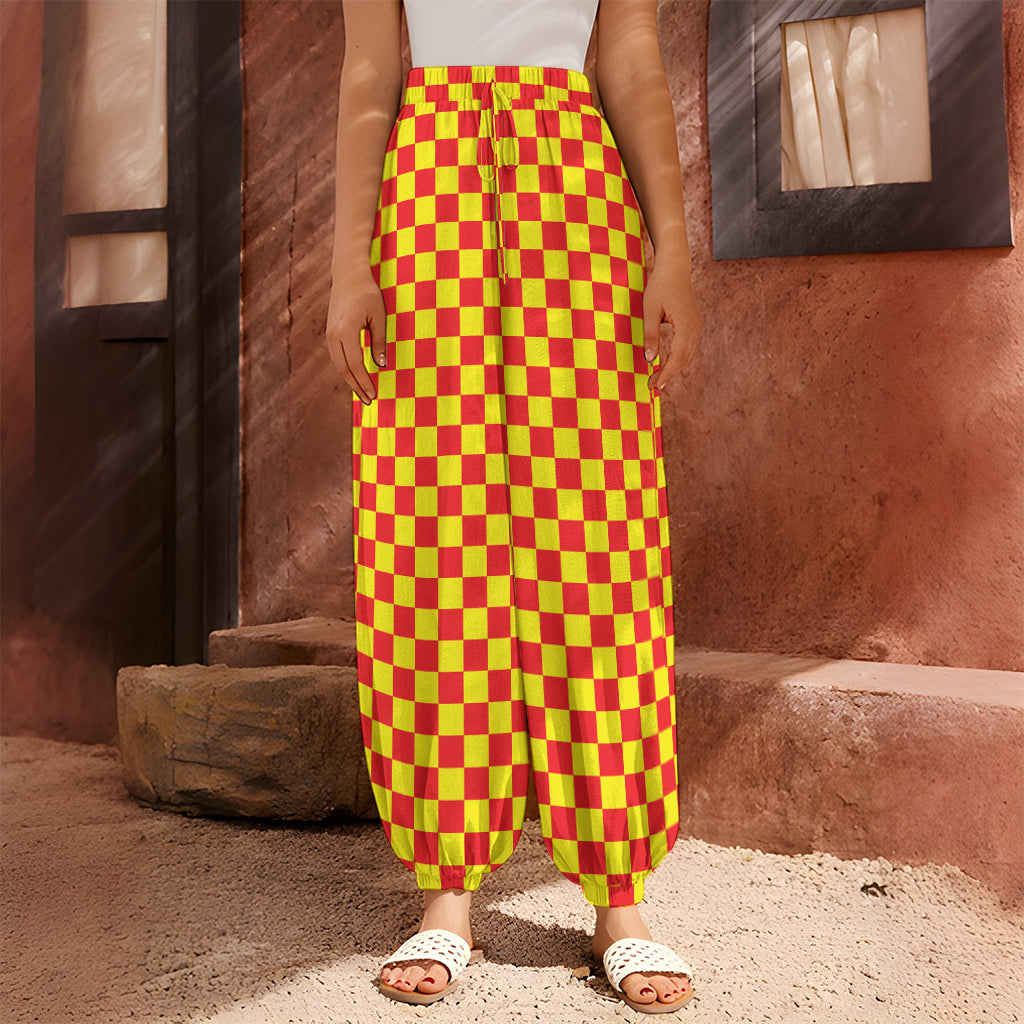 Red And Yellow Checkered Pattern Print Harem Pants