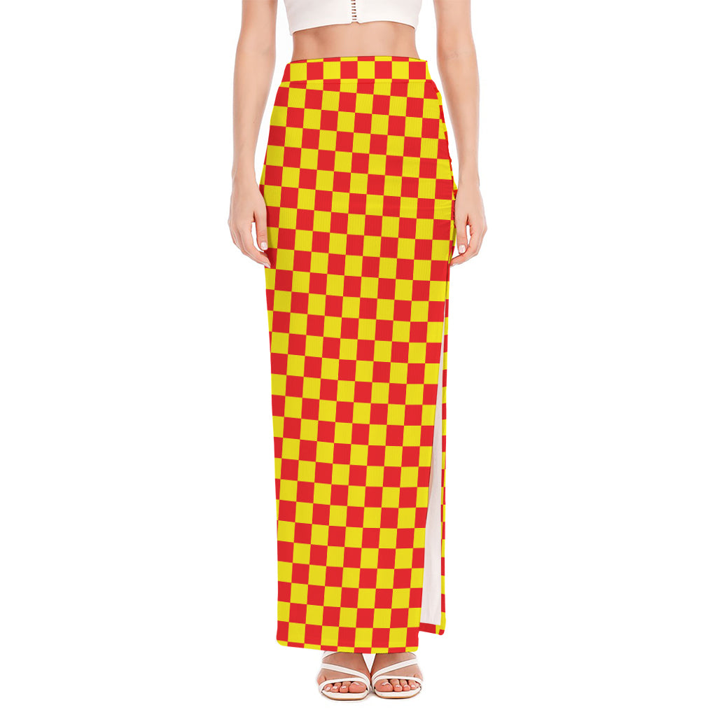 Red And Yellow Checkered Pattern Print High Slit Maxi Skirt