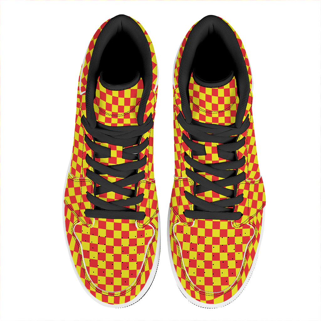 Red And Yellow Checkered Pattern Print High Top Leather Sneakers