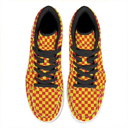 Red And Yellow Checkered Pattern Print High Top Leather Sneakers