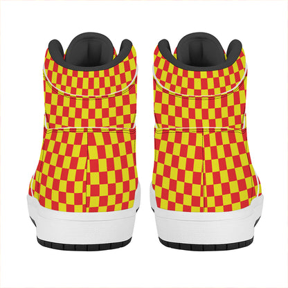 Red And Yellow Checkered Pattern Print High Top Leather Sneakers