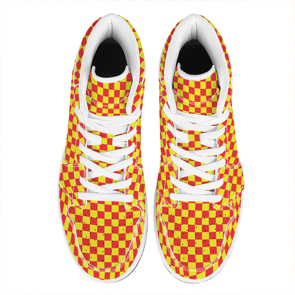Red And Yellow Checkered Pattern Print High Top Leather Sneakers