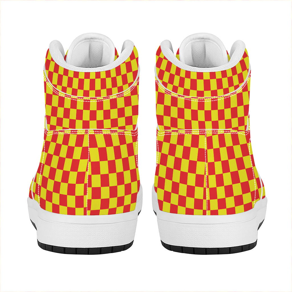 Red And Yellow Checkered Pattern Print High Top Leather Sneakers