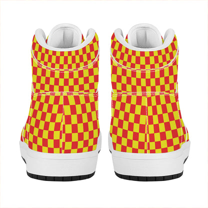 Red And Yellow Checkered Pattern Print High Top Leather Sneakers