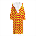 Red And Yellow Checkered Pattern Print Hooded Bathrobe