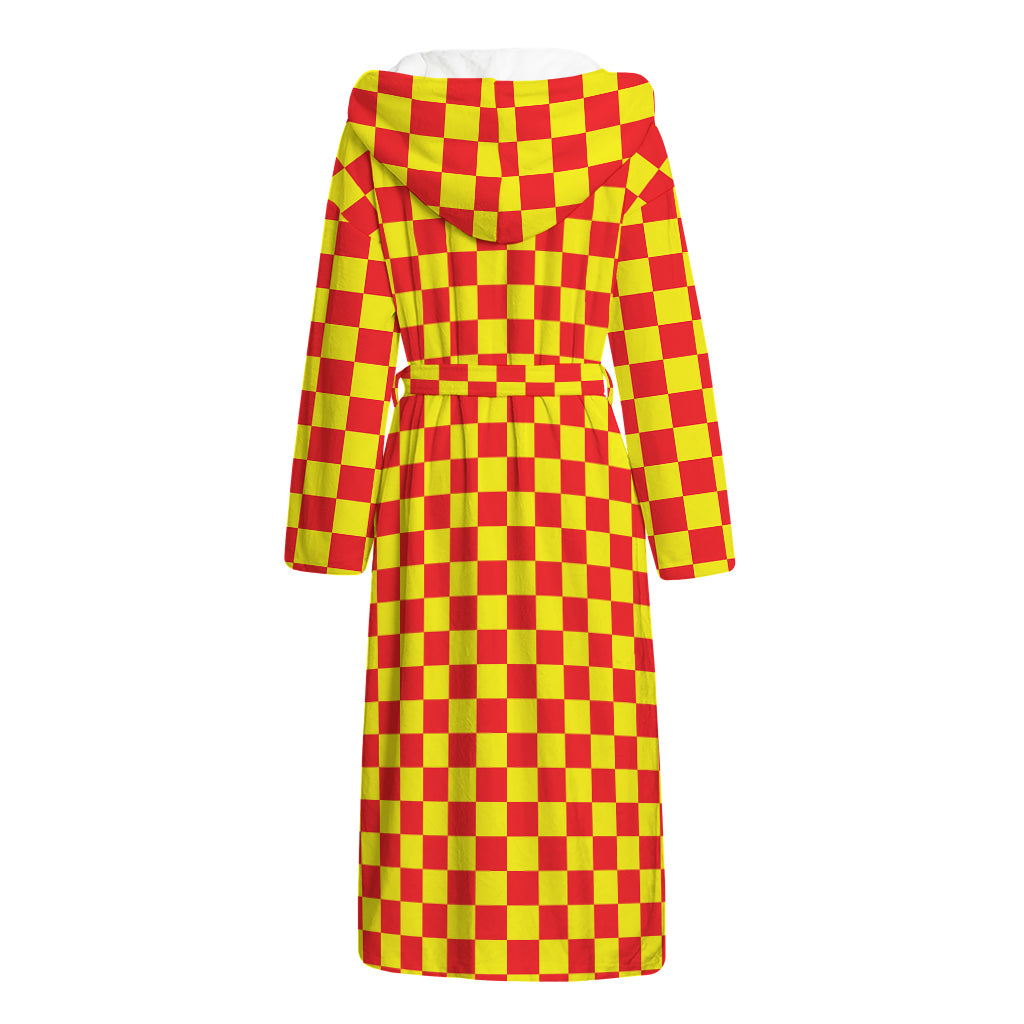Red And Yellow Checkered Pattern Print Hooded Bathrobe
