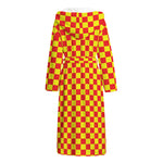 Red And Yellow Checkered Pattern Print Hooded Bathrobe