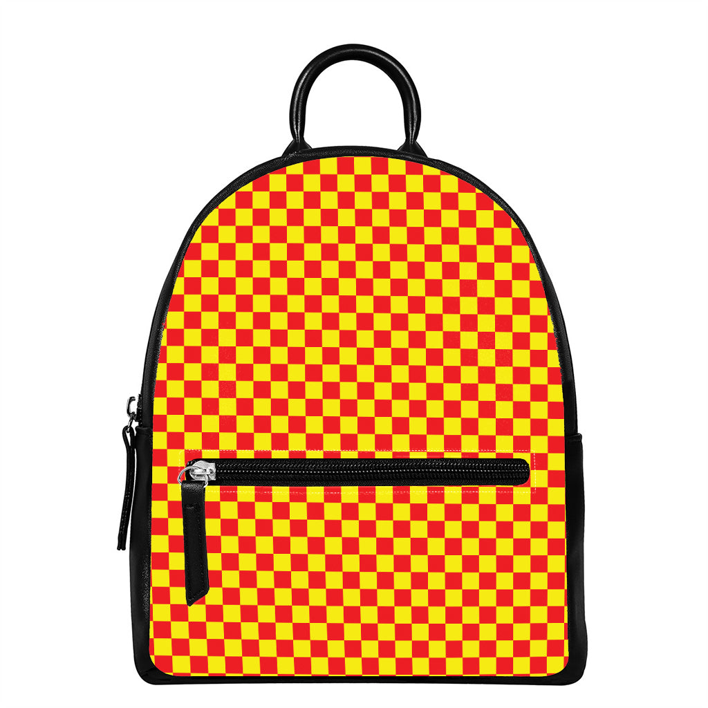 Red And Yellow Checkered Pattern Print Leather Backpack