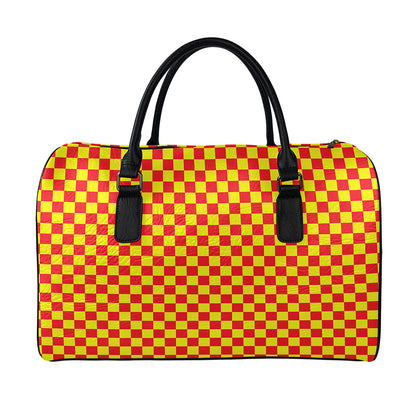 Red And Yellow Checkered Pattern Print Leather Duffle Bag