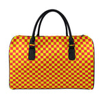 Red And Yellow Checkered Pattern Print Leather Duffle Bag