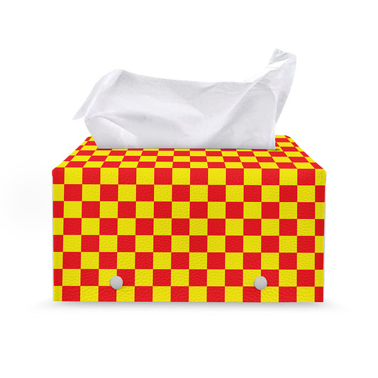 Red And Yellow Checkered Pattern Print Leather Tissue Box Cover