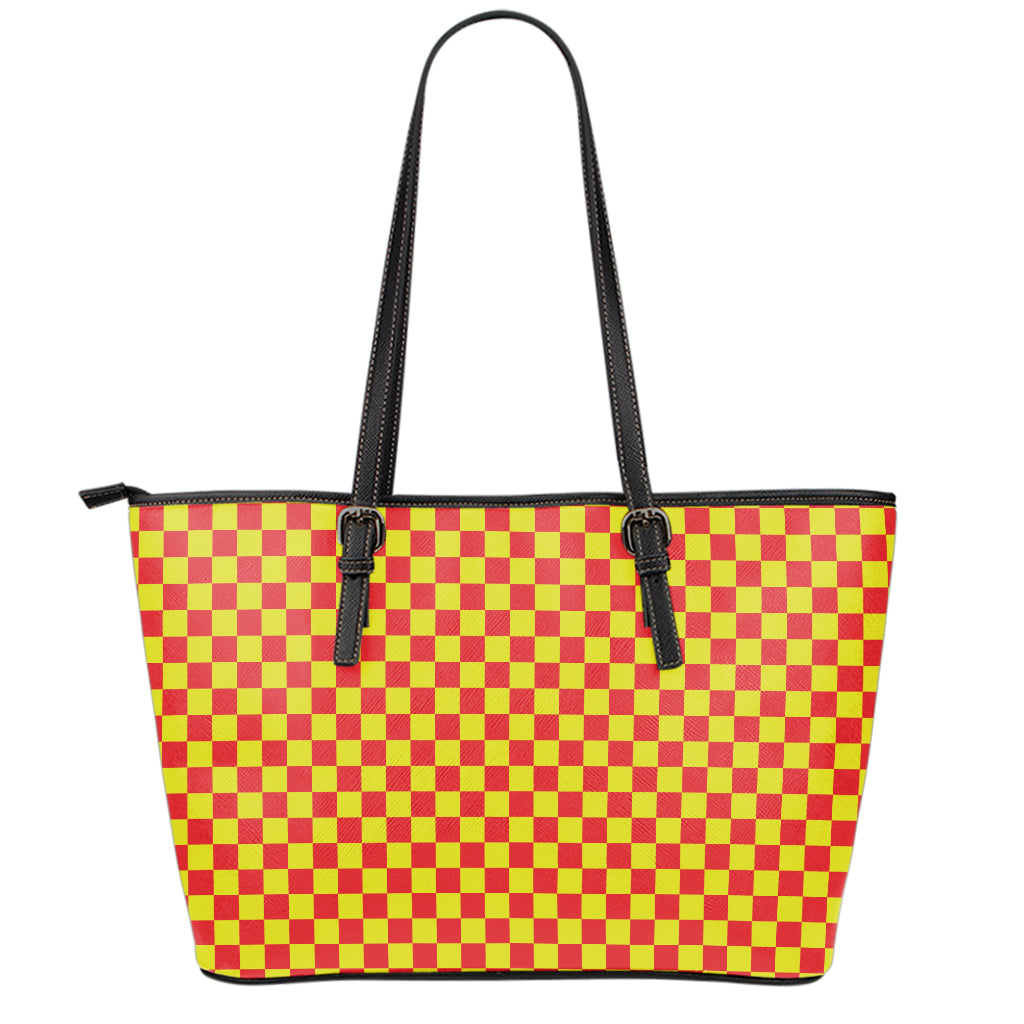 Red And Yellow Checkered Pattern Print Leather Tote Bag