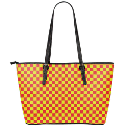 Red And Yellow Checkered Pattern Print Leather Tote Bag