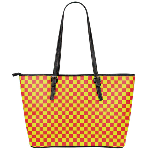 Red And Yellow Checkered Pattern Print Leather Tote Bag