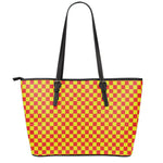 Red And Yellow Checkered Pattern Print Leather Tote Bag