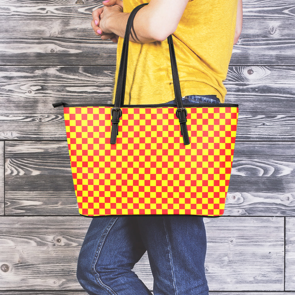 Red And Yellow Checkered Pattern Print Leather Tote Bag