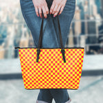 Red And Yellow Checkered Pattern Print Leather Tote Bag