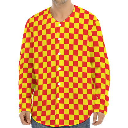 Red And Yellow Checkered Pattern Print Long Sleeve Baseball Jersey