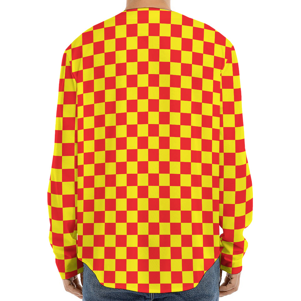 Red And Yellow Checkered Pattern Print Long Sleeve Baseball Jersey