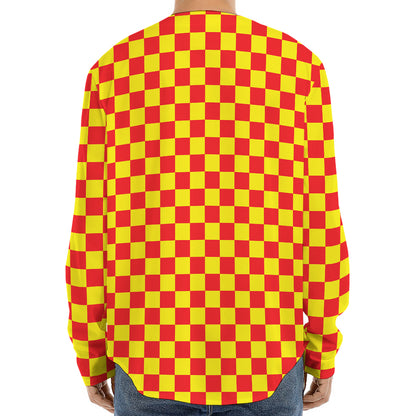 Red And Yellow Checkered Pattern Print Long Sleeve Baseball Jersey