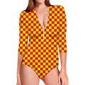 Red And Yellow Checkered Pattern Print Long Sleeve Swimsuit