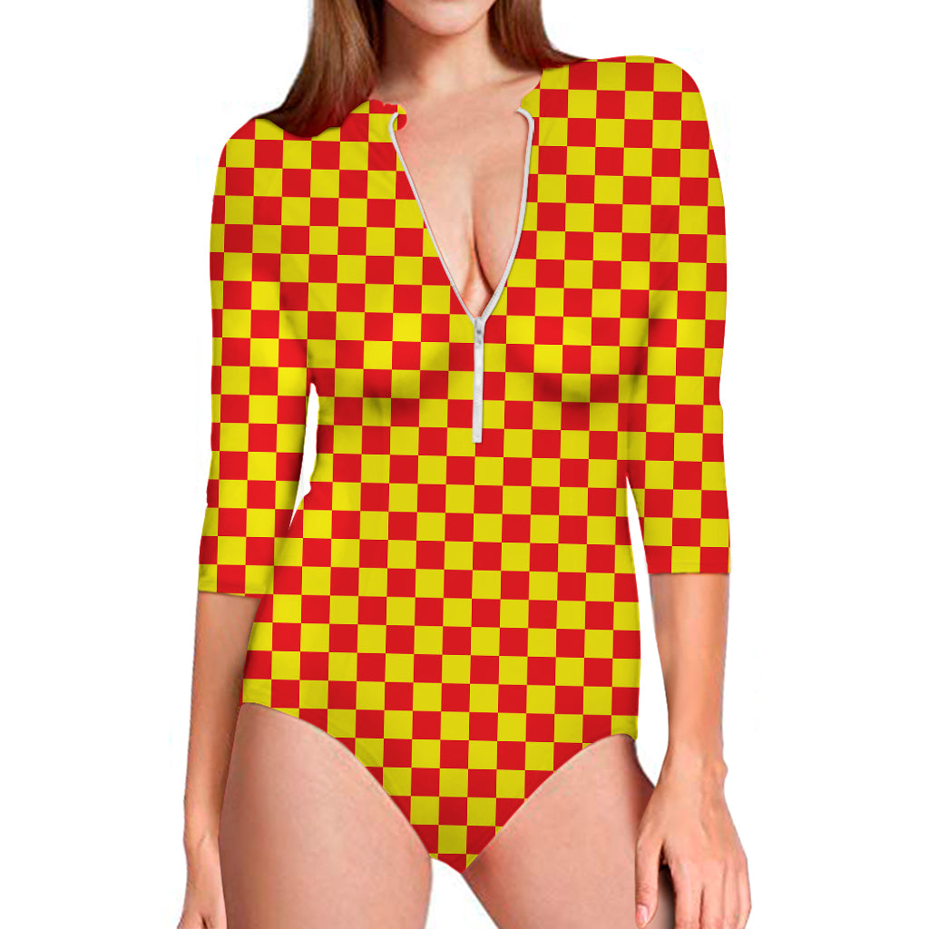 Red And Yellow Checkered Pattern Print Long Sleeve Swimsuit
