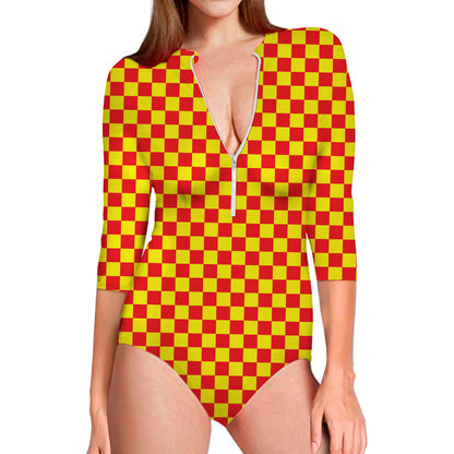 Red And Yellow Checkered Pattern Print Long Sleeve Swimsuit