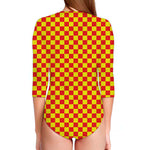 Red And Yellow Checkered Pattern Print Long Sleeve Swimsuit