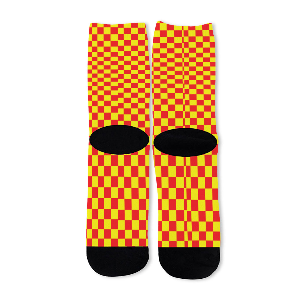 Red And Yellow Checkered Pattern Print Long Socks