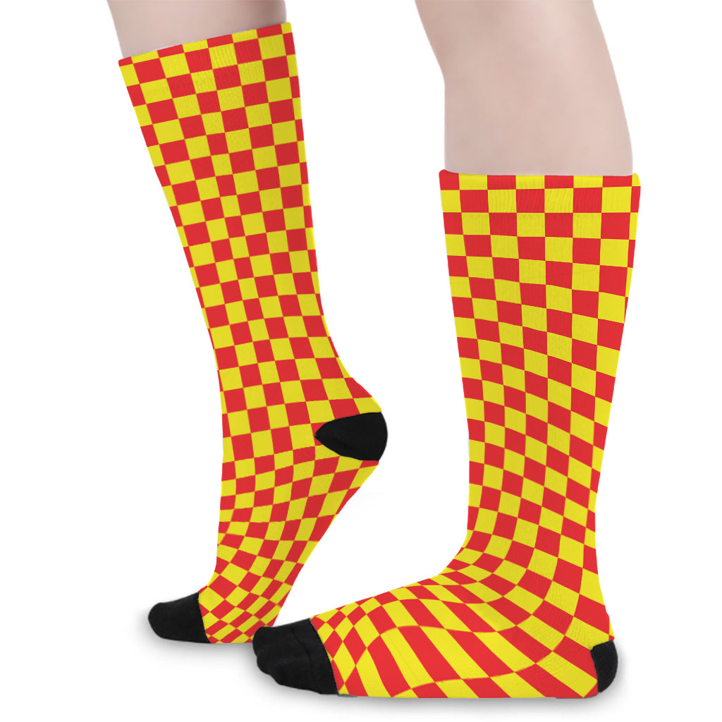 Red And Yellow Checkered Pattern Print Long Socks