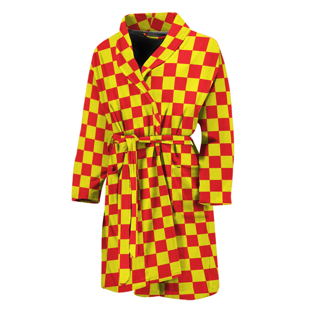 Red And Yellow Checkered Pattern Print Men's Bathrobe