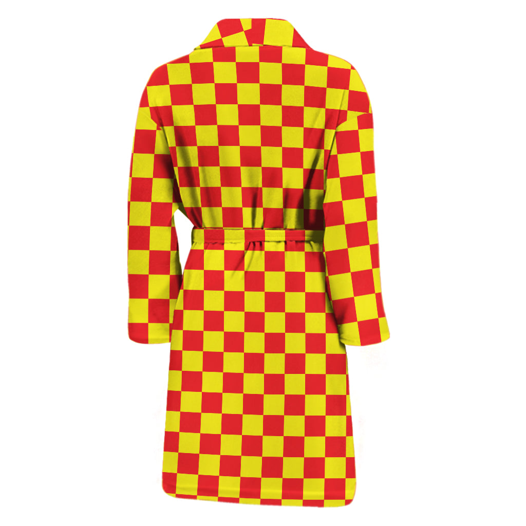 Red And Yellow Checkered Pattern Print Men's Bathrobe