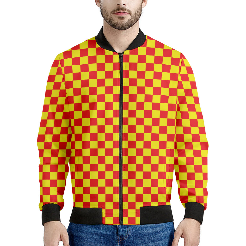 Red And Yellow Checkered Pattern Print Men's Bomber Jacket