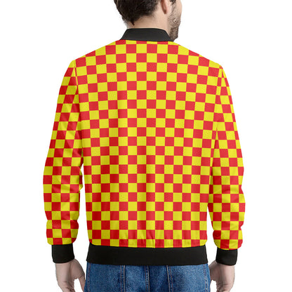 Red And Yellow Checkered Pattern Print Men's Bomber Jacket