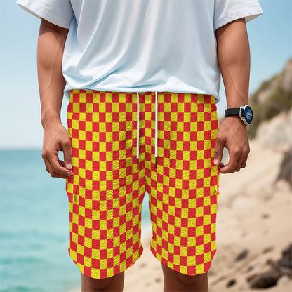 Red And Yellow Checkered Pattern Print Men's Cargo Shorts