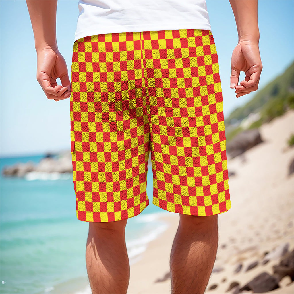 Red And Yellow Checkered Pattern Print Men's Cargo Shorts