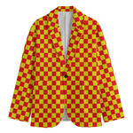 Red And Yellow Checkered Pattern Print Men's Cotton Blazer