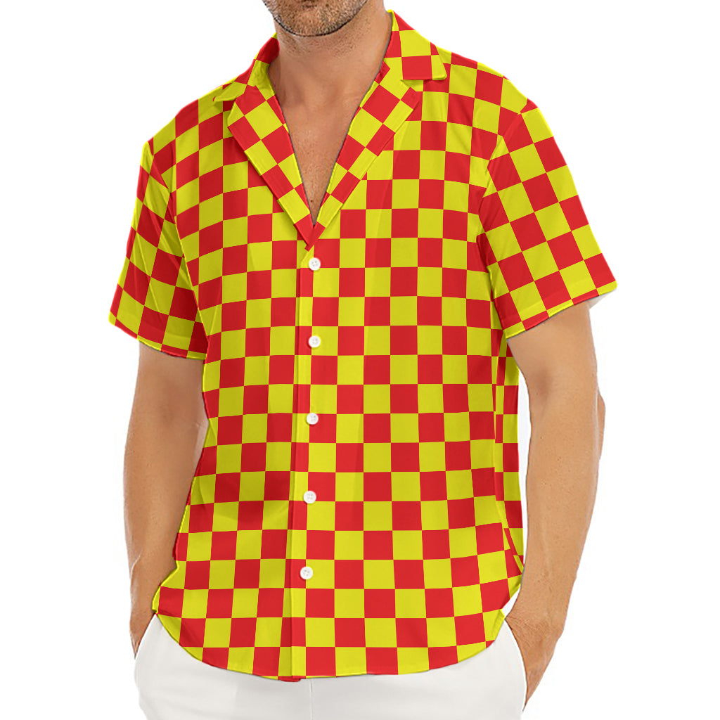 Red And Yellow Checkered Pattern Print Men's Deep V-Neck Shirt