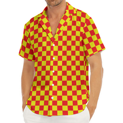 Red And Yellow Checkered Pattern Print Men's Deep V-Neck Shirt