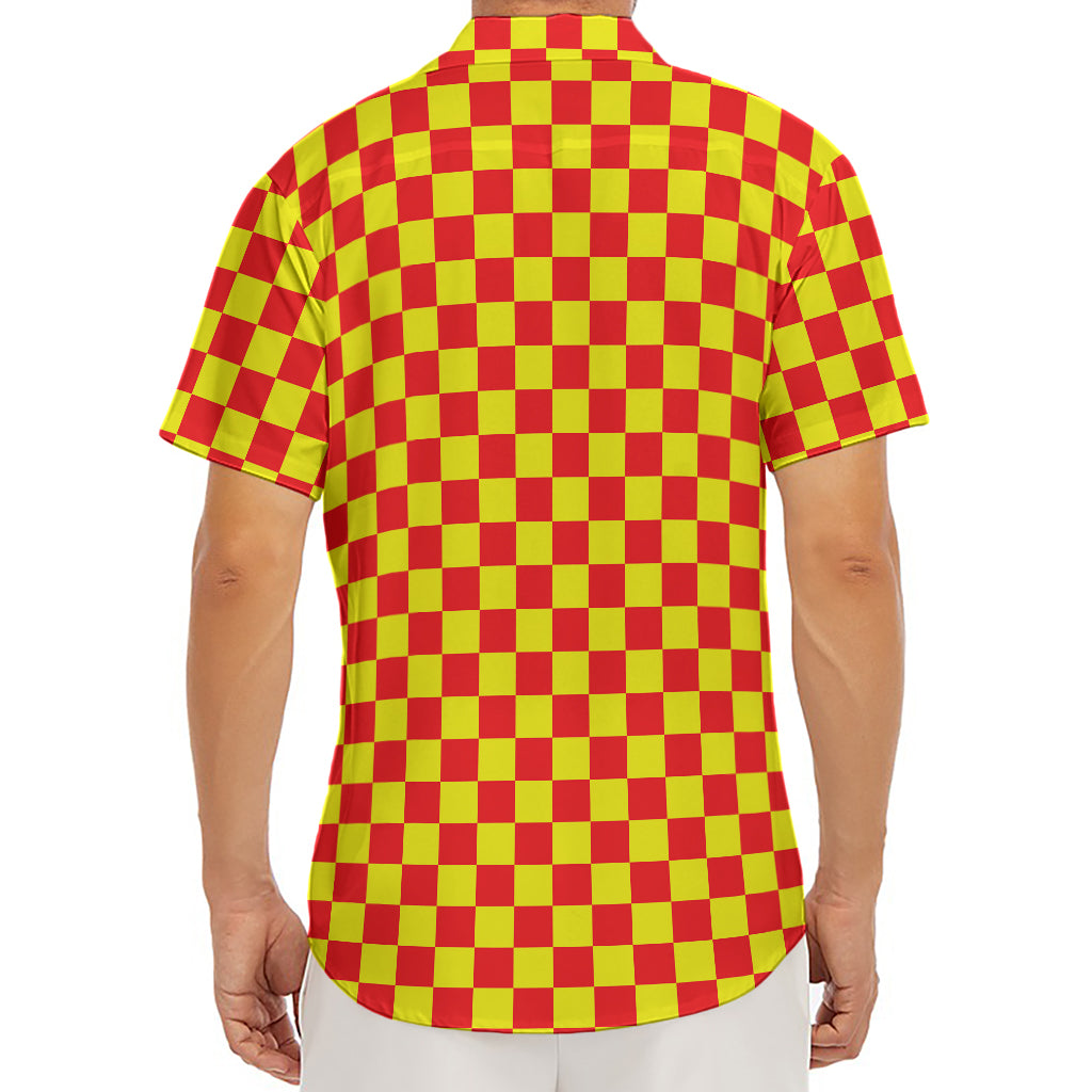 Red And Yellow Checkered Pattern Print Men's Deep V-Neck Shirt