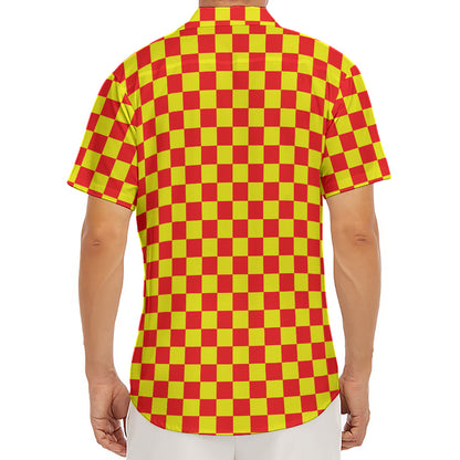 Red And Yellow Checkered Pattern Print Men's Deep V-Neck Shirt